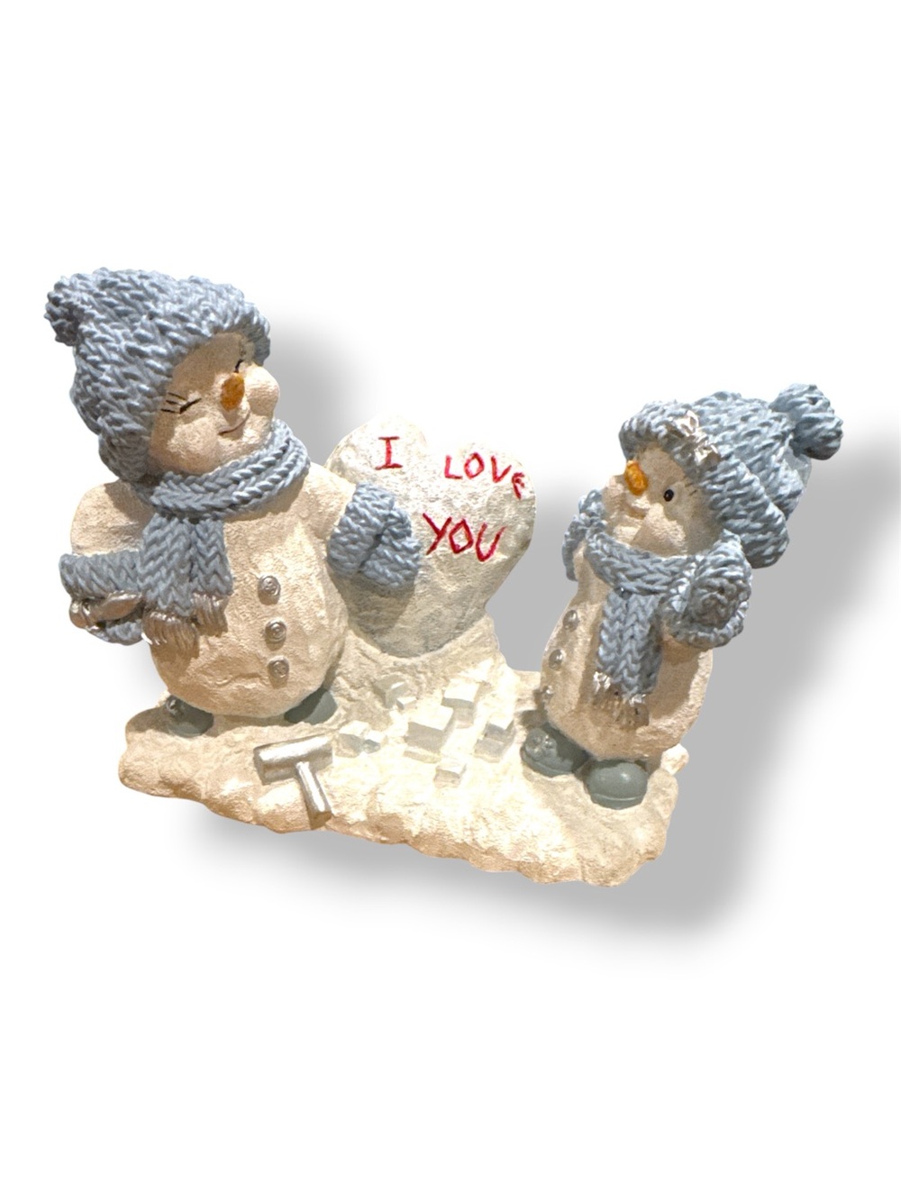 Snow Buddies "I Love You" Snowman Figurine Scene, Painted Resin White/Blue
